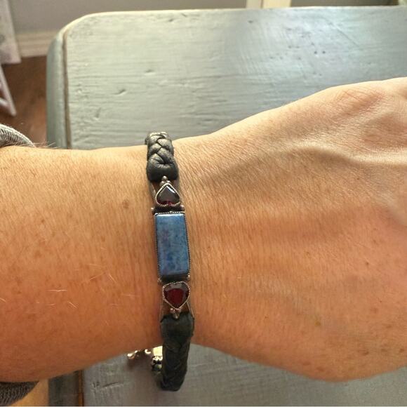 Leo Feeney Don Lucas Braided Leather Sterling Silver Blue Aventurine Bracelet - Picture 1 of 12